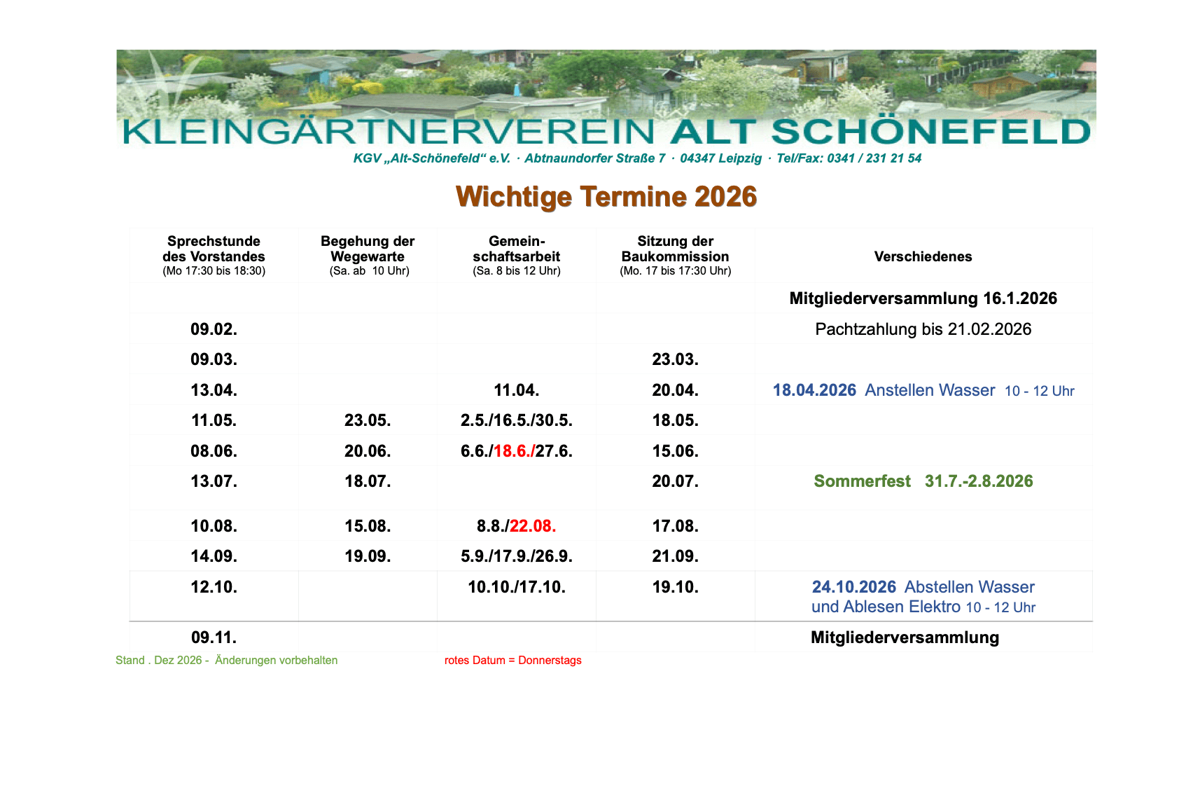 Vorschau Termine 2026